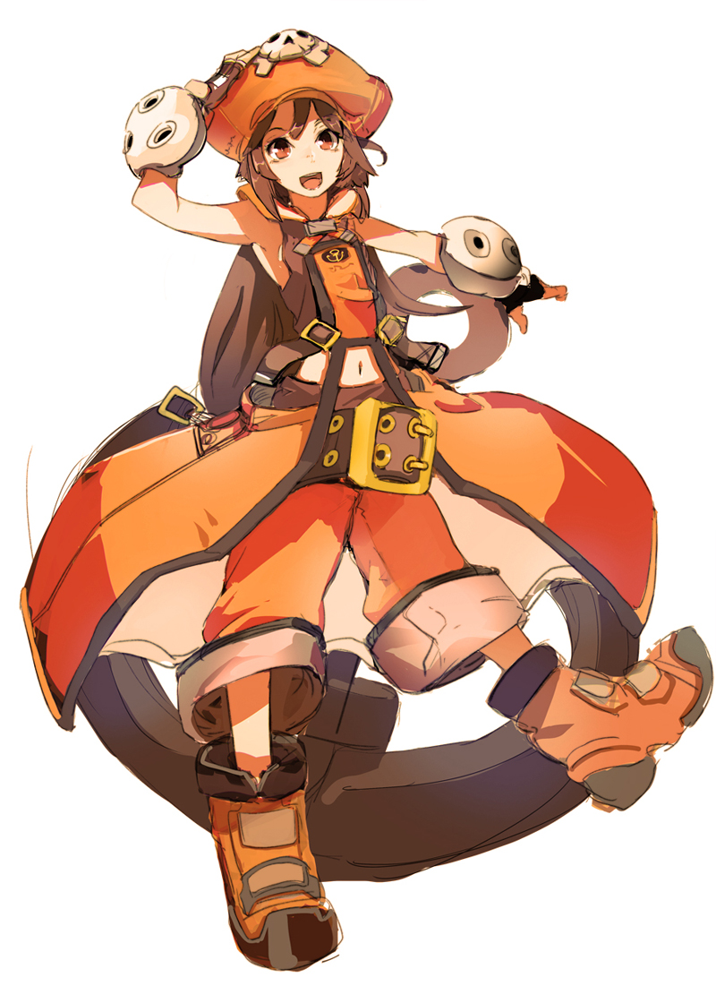 anchor belt boots brown_eyes brown_hair fingerless_gloves gloves guilty_gear guilty_gear_xrd hat long_hair may_(guilty_gear) navel orange_hat orange_shirt pants pants_rolled_up pirate_hat shirt skull_and_crossbones so-bin solo tailcoat