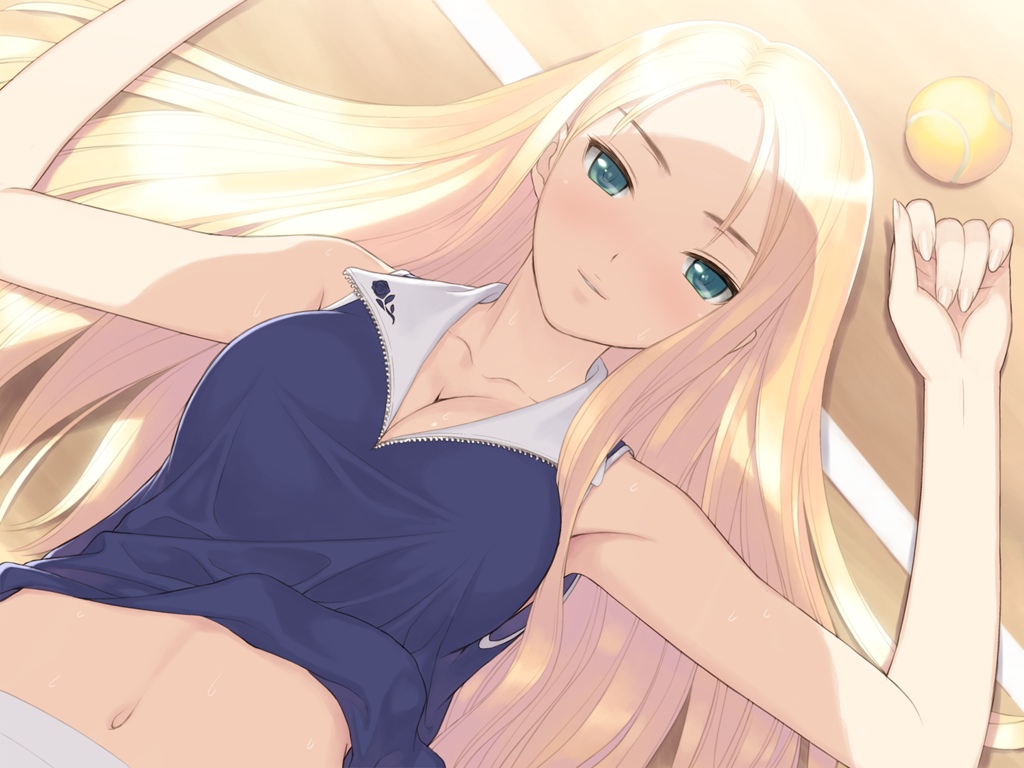 1girl armpits arms_up ball blonde_hair blush breasts cleavage date_wingfield_reiko fault!! game_cg green_eyes highres large_breasts long_hair looking_at_viewer lying navel shadow smile solo sweat tanaka_takayuki