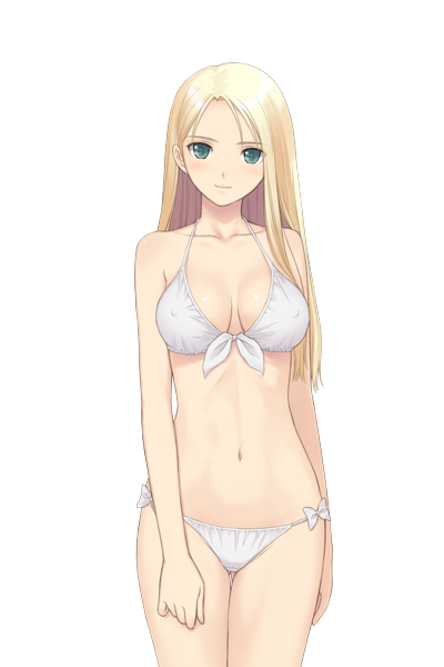 1girl bare_shoulders bikini blonde_hair blush breasts date_wingfield_reiko fault!! game_cg green_eyes large_breasts legs long_hair looking_at_viewer navel simple_background smile solo standing swimsuit tanaka_takayuki thighs white_background