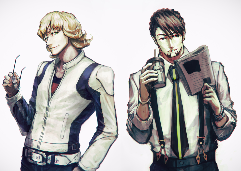 bad_id bad_pixiv_id barnaby_brooks_jr belt blonde_hair brown_eyes brown_hair facial_hair glasses green_eyes grin holding holding_eyewear kaburagi_t_kotetsu multiple_boys necktie reading smile stubble tiger_&amp;_bunny total watch wristwatch