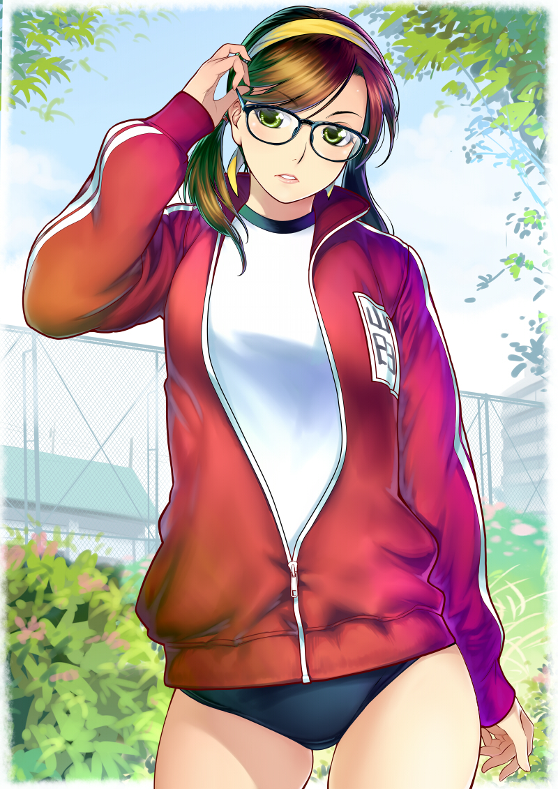 bespectacled brown_hair buruma glasses green_eyes gym_uniform hairband jacket long_hair low_twintails original solo track_jacket twinpoo twintails