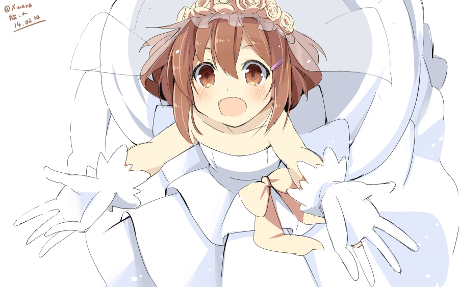:d bare_shoulders bridal_veil bride brown_eyes brown_hair copyright_name dated dress fang flower gloves hair_flower hair_ornament hairclip ikazuchi_(kantai_collection) kantai_collection long_hair open_mouth outstretched_arms outstretched_hand short_hair smile tears twitter_username veil wara_(warapro) wedding_dress white_gloves