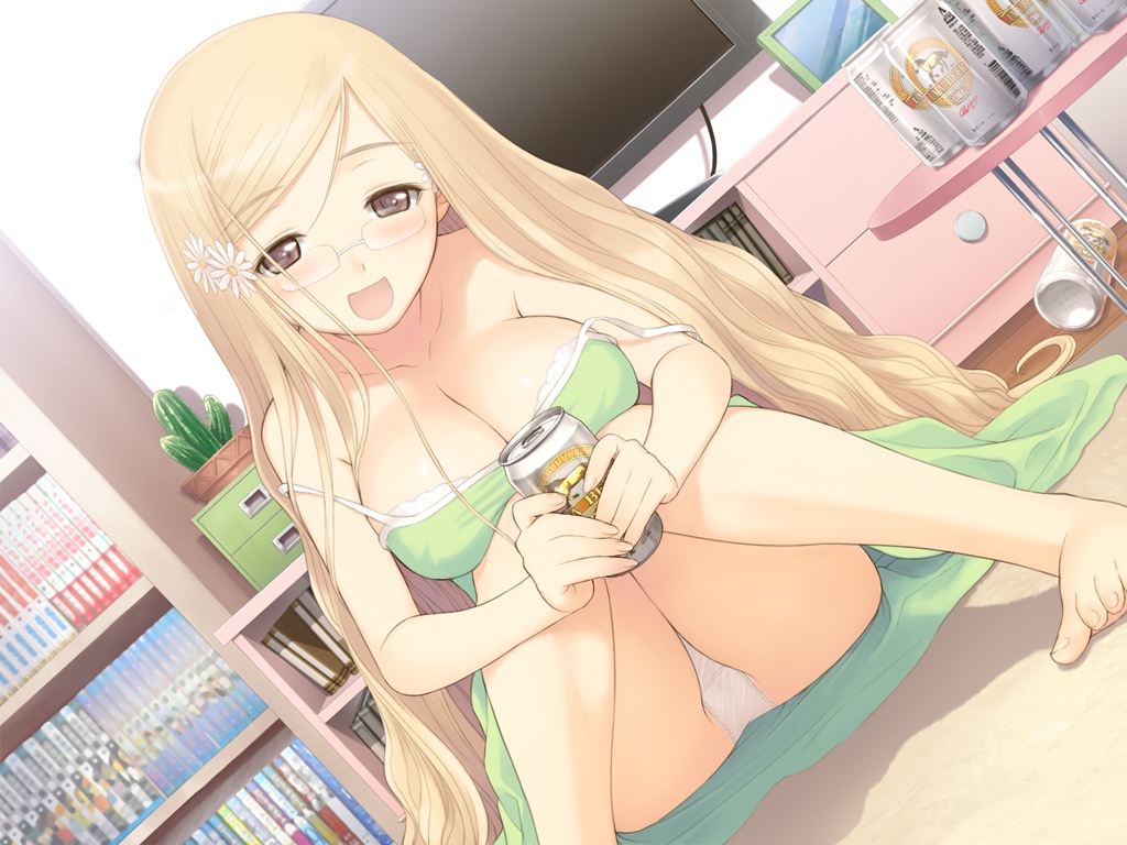 1girl bare_shoulders barefoot blonde_hair blush book breasts brown_eyes can cleavage drink drunk fault!! feet game_cg glasses happy hayama_rika highres large_breasts long_hair looking_at_viewer open_mouth panties sitting smile tanaka_takayuki television toes underwear white_panties