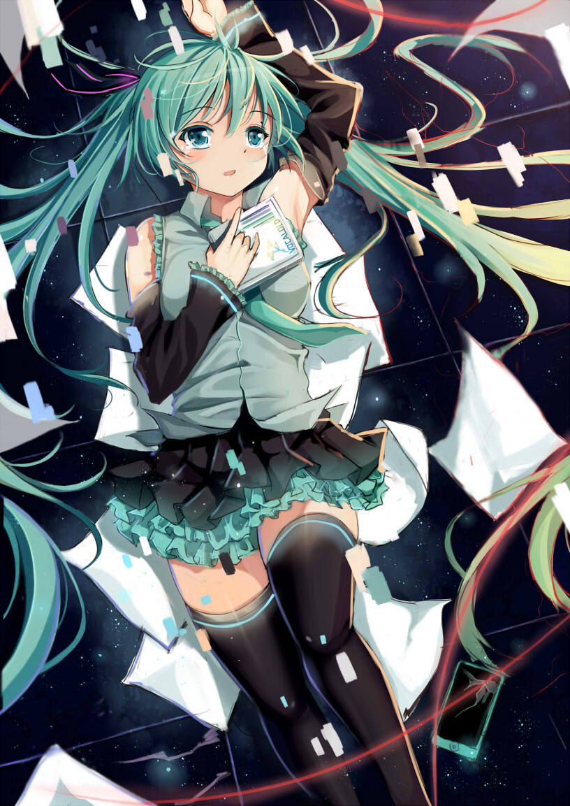 arm_up bad_id bad_pixiv_id detached_sleeves green_eyes green_hair hatsune_miku long_hair necktie paper skirt solo soulkiller thighhighs twintails very_long_hair vocaloid
