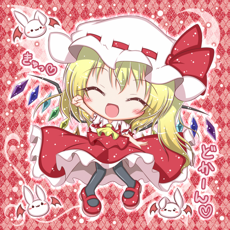 :3 arm_up bat_wings blonde_hair blush bunny_head chibi closed_eyes crescent_moon crystal flandre_scarlet hat komakoma_(magicaltale) long_hair moon open_mouth pantyhose red_background ribbon smile touhou wings