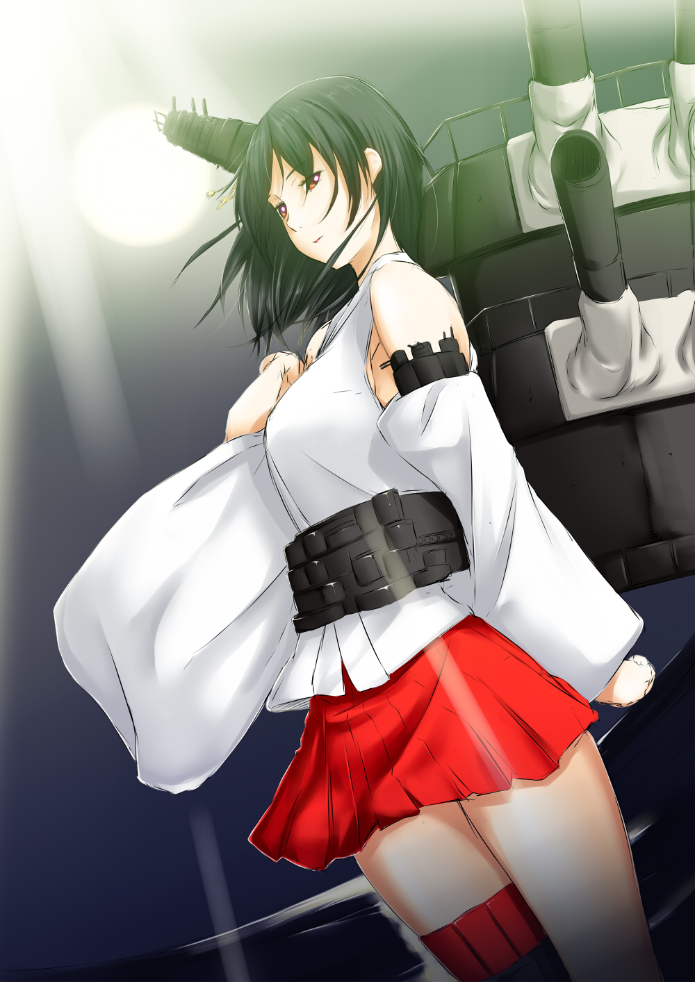 bare_shoulders black_hair cannon detached_sleeves hair_over_one_eye highres kantai_collection machinery niwatazumi red_eyes skirt solo wide_sleeves yamashiro_(kantai_collection)