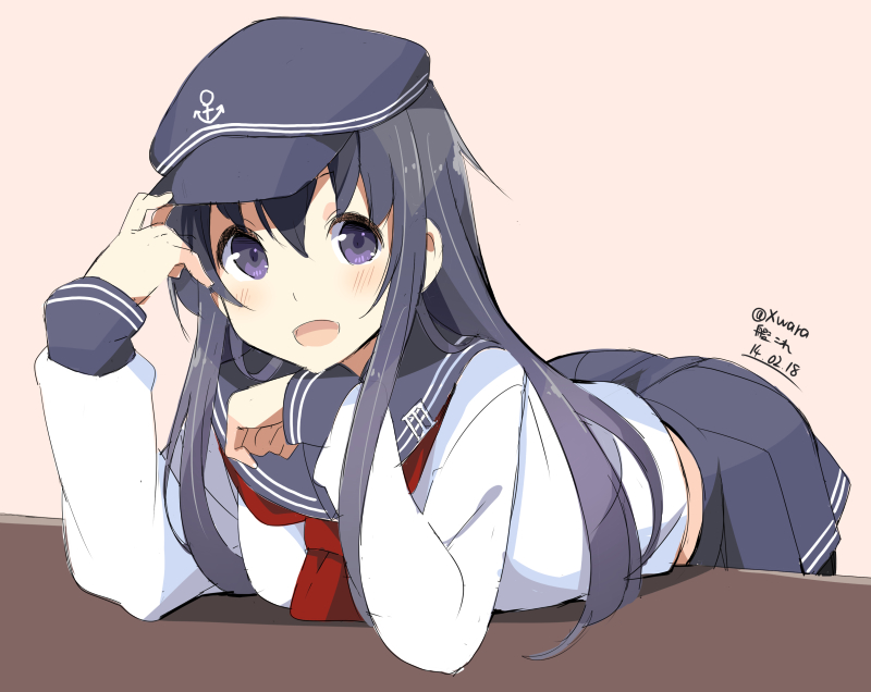 akatsuki_(kantai_collection) black_hair black_legwear flat_cap hat kantai_collection long_hair open_mouth pantyhose purple_eyes school_uniform serafuku skirt smile solo wara_(warapro)