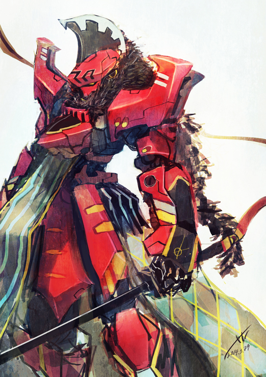 bad_pixiv_id mecha no_humans original red simple_background solo sword total weapon