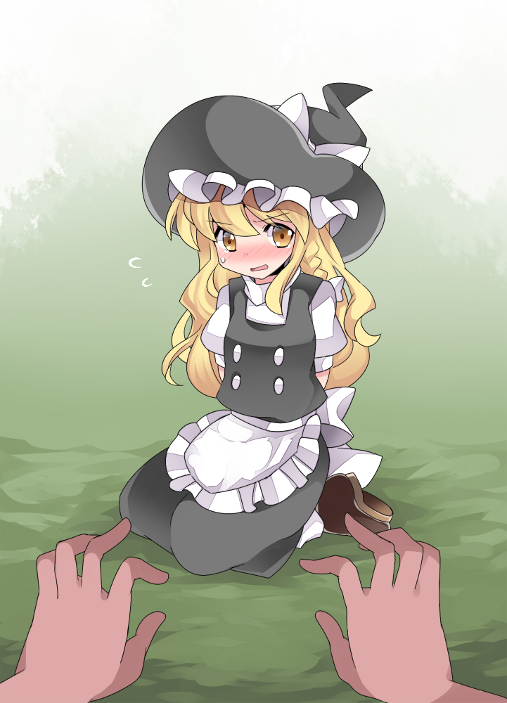 apron bad_id bad_pixiv_id black_dress blonde_hair blush braid check_translation commentary dress flying_sweatdrops hammer_(sunset_beach) hat kirisame_marisa long_hair looking_at_viewer open_mouth out_of_frame pov pov_hands puffy_sleeves restrained seiza shirt short_sleeves single_braid sitting solo_focus tears touhou translation_request very_long_hair waist_apron witch_hat yellow_eyes