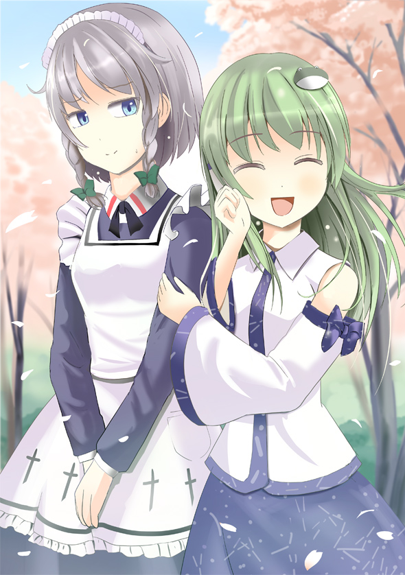 a_(aaaaaaaaaaw) apron arm_holding blue_eyes bow braid cherry_blossoms closed_eyes detached_sleeves frog_hair_ornament green_hair hair_bow hair_ornament hand_on_own_face hands_together izayoi_sakuya kochiya_sanae light_smile long_hair long_sleeves looking_at_another maid_headdress multiple_girls open_mouth outdoors short_hair sideways_glance silver_hair skirt skirt_set sweatdrop touhou tree twin_braids v_arms