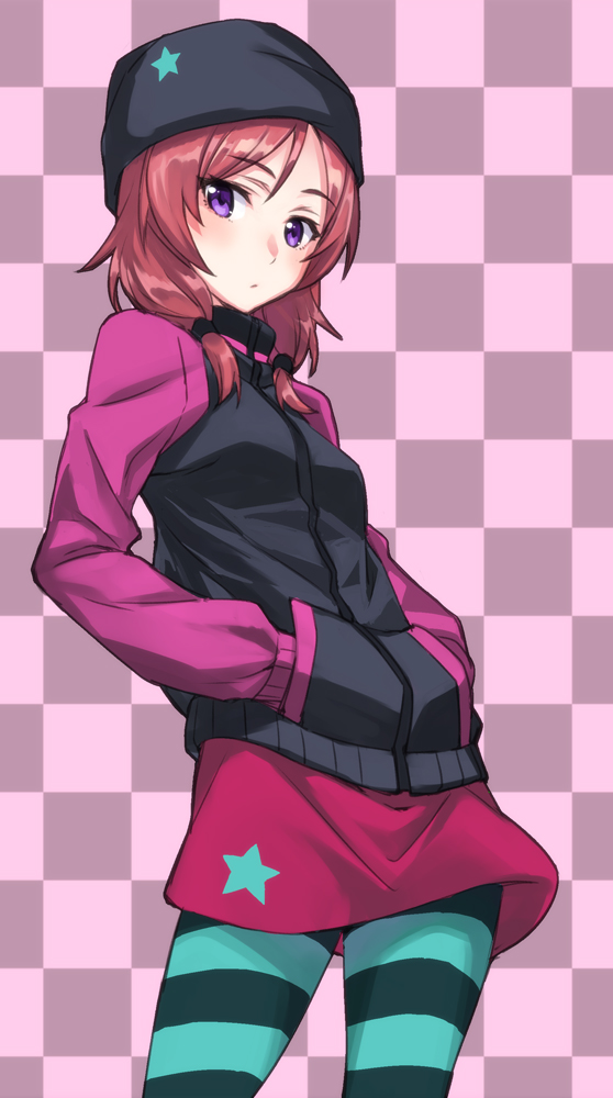 beanie blush checkered checkered_background colored_stripes hands_in_pockets hat jacket looking_at_viewer love_live! love_live!_school_idol_project matsuryuu nishikino_maki pantyhose purple_eyes red_hair short_hair skirt solo striped striped_legwear track_jacket