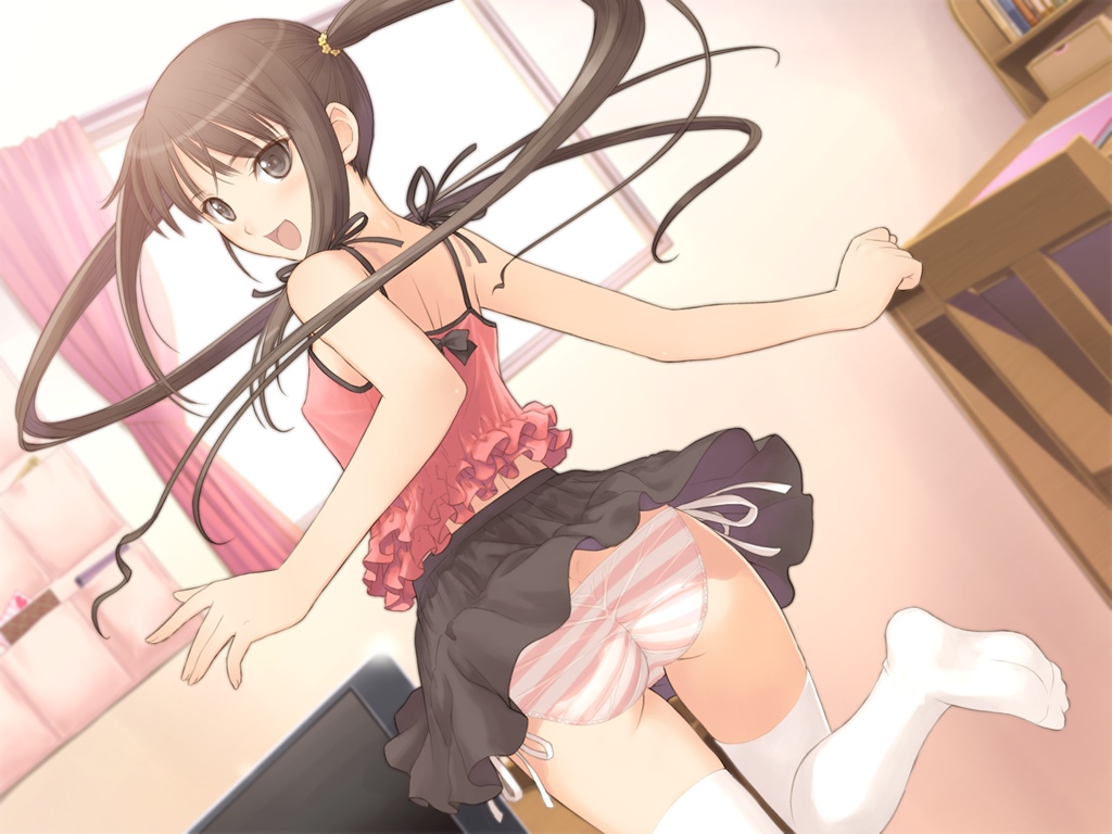 1girl ass back black_eyes black_hair blush breasts curtains fault!! feet game_cg happy highres legs long_hair looking_back no_shoes open_mouth panties pantyshot skirt small_breasts smile solo standing striped striped_panties sugiyama_mio tanaka_takayuki thighs twintails underwear upskirt white_legwear