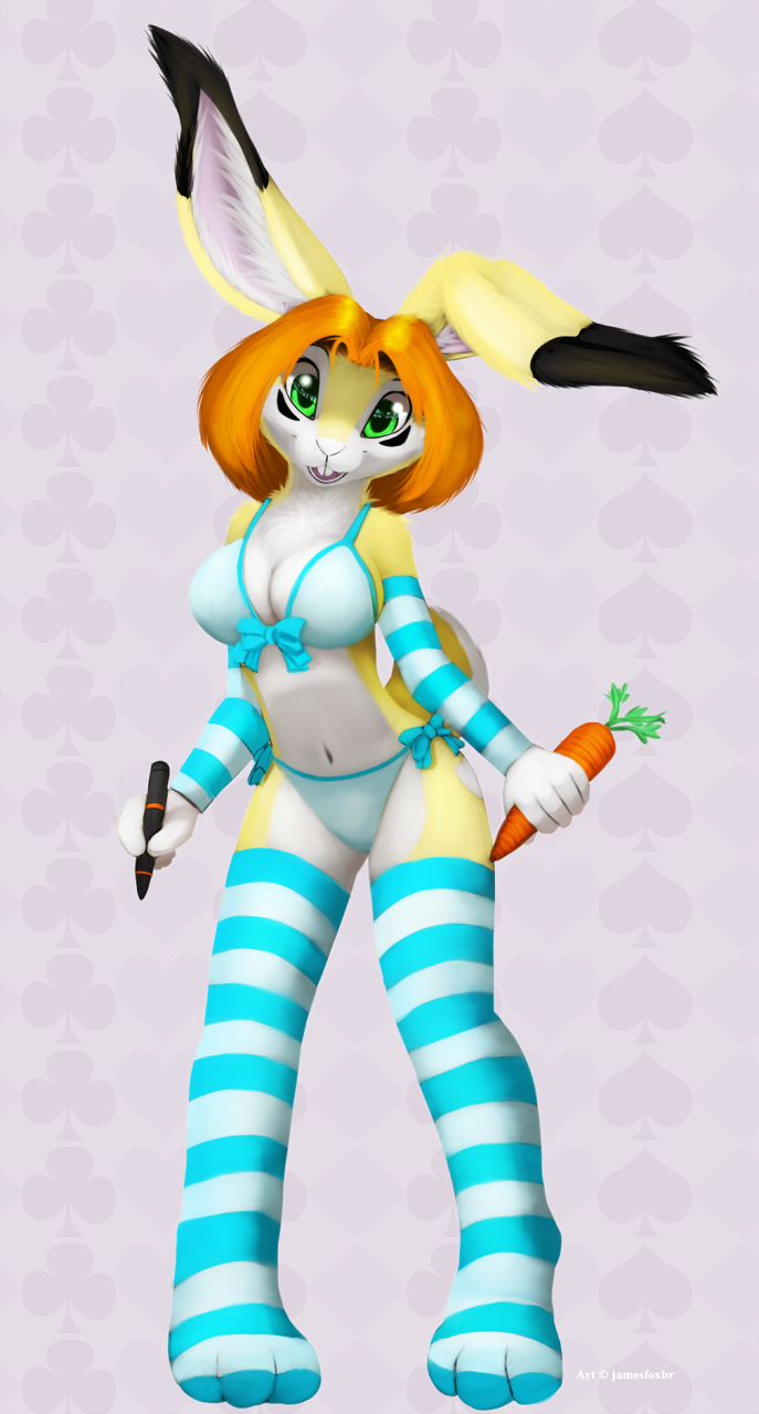 anthro big_breasts breasts carrot clothing crossgender cute face_marks female fur graan_eyes hair james_bunny jamesfoxbr lagomorph lapine looking_at_viewer mammal open_mouth pen plain_background rabbit smile solo standing teeth transformation underwear