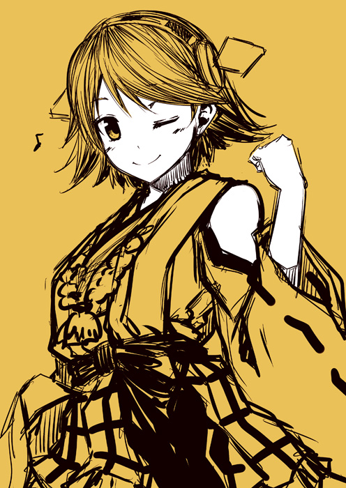 bare_shoulders eighth_note hairband hiei_(kantai_collection) kantai_collection kouji_(campus_life) monochrome musical_note nontraditional_miko one_eye_closed short_hair simple_background skirt smile solo spot_color yellow yellow_background