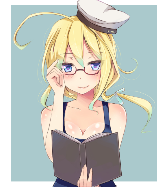 ahoge blonde_hair book breasts glasses hat i-8_(kantai_collection) kantai_collection kay_(utd) long_hair looking_at_viewer medium_breasts red-framed_eyewear school_swimsuit smile solo swimsuit twintails