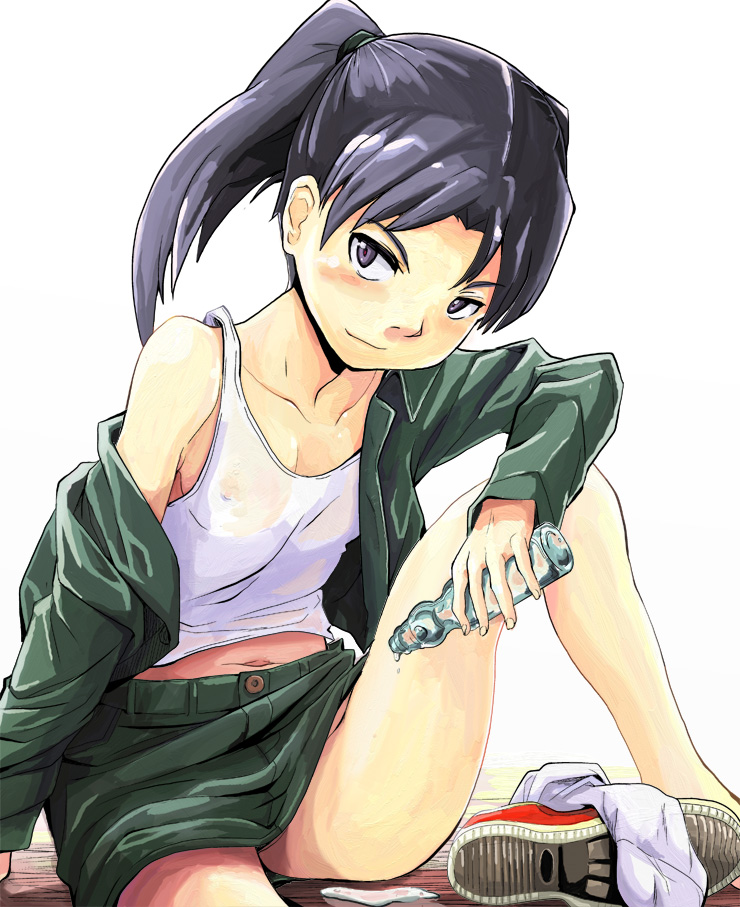 amasawa_yuuko belly_peek black_eyes black_hair bottle breasts covered_nipples dennou_coil jacket long_hair navel off_shoulder ramune sasaki_bullet see-through shoes_removed sitting skirt small_breasts smile socks_removed tank_top tomboy twintails vest