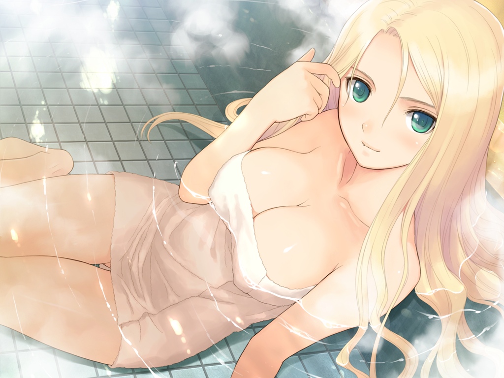 1girl adjusting_hair bath blonde_hair blush breasts cleavage date_wingfield_reiko fault!! game_cg green_eyes highres large_breasts legs long_hair looking_at_viewer nude partially_submerged sitting smile solo steam tanaka_takayuki thighs towel water wet