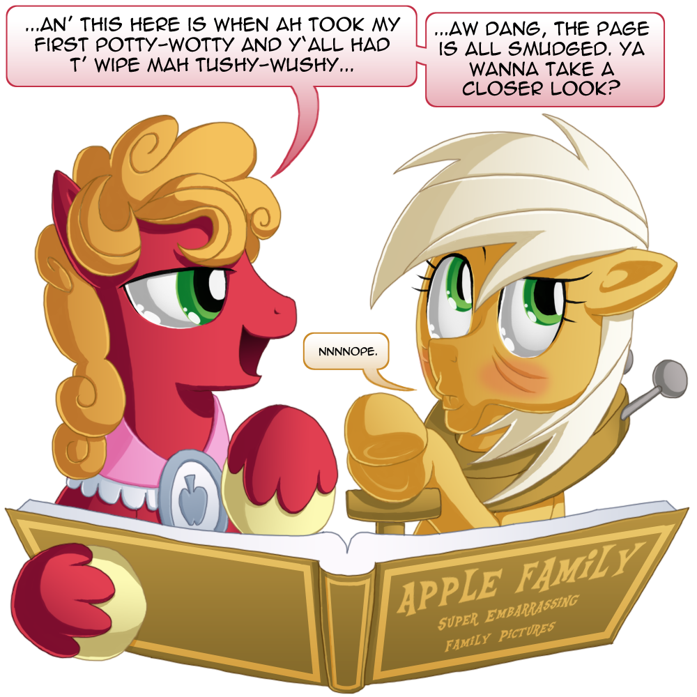 alpha_channel big_macintosh_(mlp) blonde_hair blush book curly_hair dialog english_text engrishman equine female friendship_is_magic goldie_delicious_(mlp) green_eyes hair horse male mammal my_little_pony personality_swap plain_background pony text transparent_background