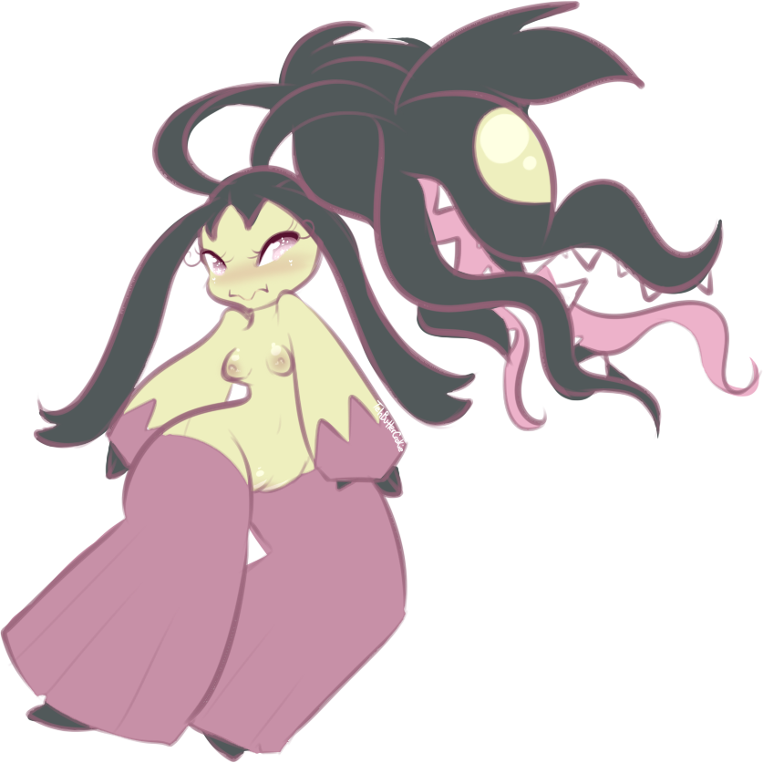 anthro areola black_hair blush breasts cute female hair long_hair looking_at_viewer mawile mega_evolution mega_mawile nintendo nipples plain_background pok&#233;mon pok&eacute;mon pussy small_breasts small_nipples solo tehbuttercookie video_games white_background