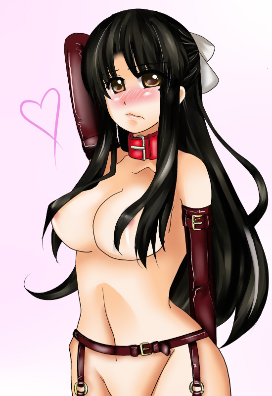 black_hair blush breasts brown_eyes chigusa_nana chirukyi collar elbow_gloves garter_belt gloves hair_censor hair_ribbon large_breasts long_hair mole nana_to_kaoru nipple_slip nipples nude out-of-frame_censoring ribbon slave solo