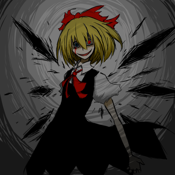 black_dress black_wings blonde_hair blood blue_eyes bow cirno cirno_(cosplay) cosplay darkness dress evil_smile hair_bow heterochromia noumen open_mouth puffy_short_sleeves puffy_sleeves red_eyes rumia short_hair short_sleeves smile solo touhou wings