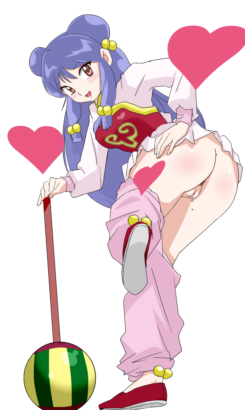 1girl anus ass blush breasts censored chinese_clothes chui full_body heart legs long_hair looking_at_viewer mace no_panties nyarimia open_mouth purple_hair pussy pussy_juice ranma_1/2 red_eyes shampoo_(ranma_1/2) shoes simple_background smile solo standing sweat thighs weapon white_background