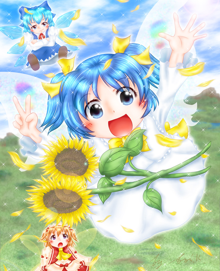 aoi_hisoka arms_up ascot blue_eyes blue_hair blue_sky blush bow cirno cloud crossed_arms day dress fairy_wings flower flying forest hair_bow hair_ribbon headdress juliet_sleeves long_sleeves looking_at_another looking_at_viewer looking_up mountain multiple_girls nature open_hand open_mouth orange_hair petals puffy_sleeves red_eyes ribbon signature skirt skirt_set sky smirk sparkle sunflower sunflower_fairy sunny_milk touhou twintails v wings