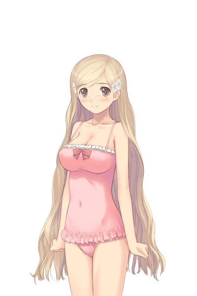 1girl blonde_hair blush breasts brown_eyes cleavage fault!! game_cg glasses hayama_rika large_breasts legs long_hair looking_at_viewer navel simple_background solo standing swimsuit tanaka_takayuki thighs white_background