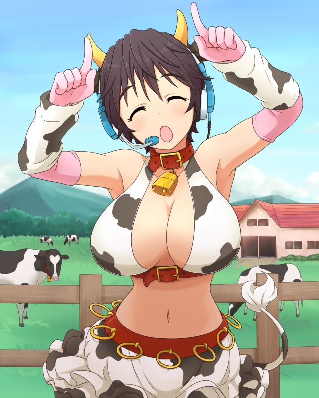 ^_^ animal_ears animal_print arm_warmers armpits bell bell_collar breasts brown_hair cleavage closed_eyes collar cow cow_bell cow_ears cow_horns cow_print cow_tail elbow_gloves fake_animal_ears fence gloves head_tilt headset horns house idolmaster idolmaster_cinderella_girls large_breasts midriff mountain nash_(na-si) navel oikawa_shizuku open_mouth pink_gloves short_hair solo tail