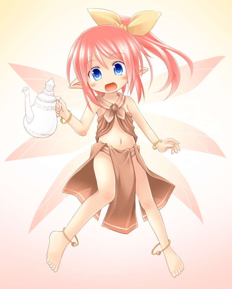 :d :o anklet bare_shoulders barefoot beige_background blue_eyes bow bracelet fairy fairy_wings full_body hair_bow hair_ribbon jewelry kso loincloth midriff navel open_mouth original pink_hair pointy_ears ponytail ribbon sailor_collar side_ponytail simple_background smile solo teapot wings yellow_bow