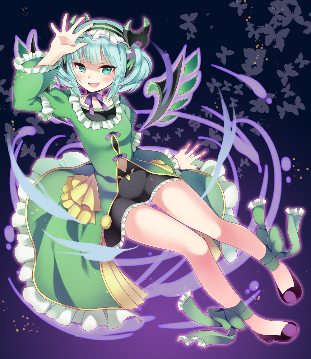 ankle_ribbon aqua_eyes aqua_hair astaroth_(p&amp;d) bug butterfly fang hairband insect kaki_s looking_at_viewer open_mouth puzzle_&amp;_dragons ribbon short_hair skirt smile solo two_side_up wings
