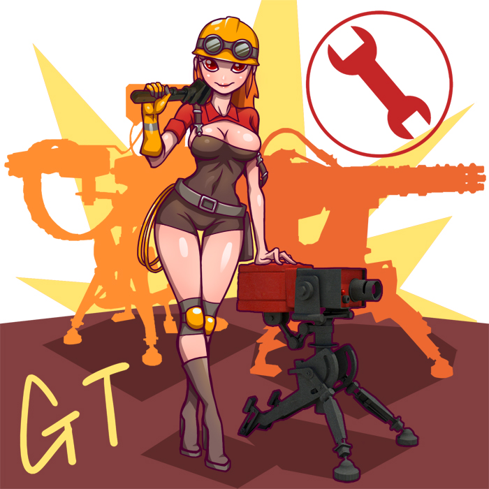 1girl boots breasts cleavage genderswap glove gloves goggles gotwin helmet high_heel_boots high_heels orange_hair sentry team_fortress_2 tf2 the_engineer wrench