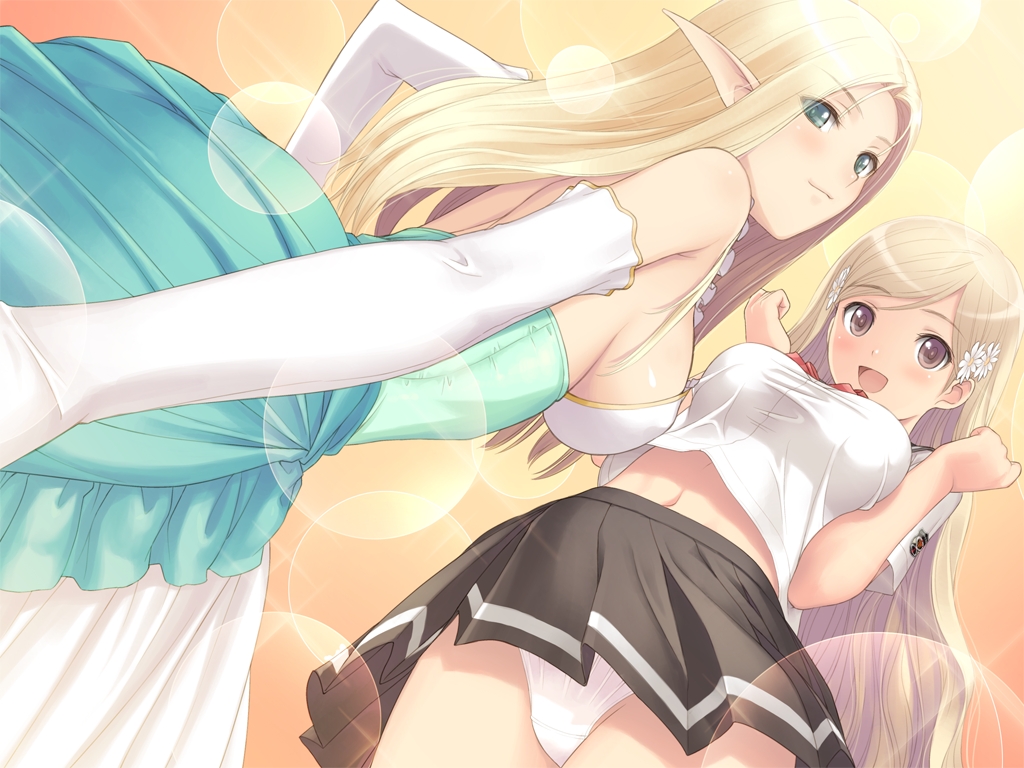 2girls bare_shoulders blonde_hair blush breasts brown_eyes character_request date_wingfield_reiko dress elbow_gloves fault!! game_cg gloves green_eyes happy hayama_rika highres large_breasts long_hair looking_at_viewer multiple_girls open_mouth panties pointy_ears school_uniform simple_background skirt smile standing tanaka_takayuki underwear white_gloves
