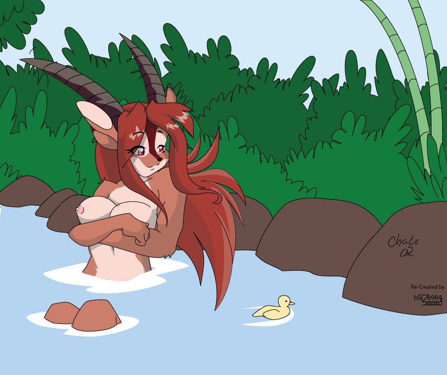 anthro avian bath bathing big_breasts blaze984 breasts bushes cervine chalo covering covering_breasts covering_self duck elk female forest gazelle grace hot_spring lake mammal nude rainforest river rocks tree water