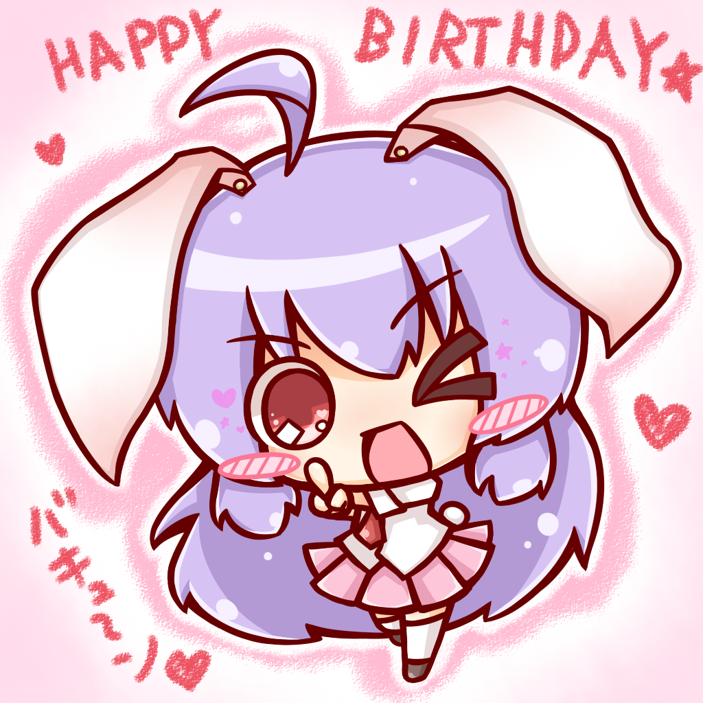 ahoge animal_ears birthday blush bunny_ears bunny_tail chibi english happy_birthday heart long_hair one_eye_closed open_mouth pink_background purple_eyes red_eyes reisen_udongein_inaba ritateo smile star tail touhou