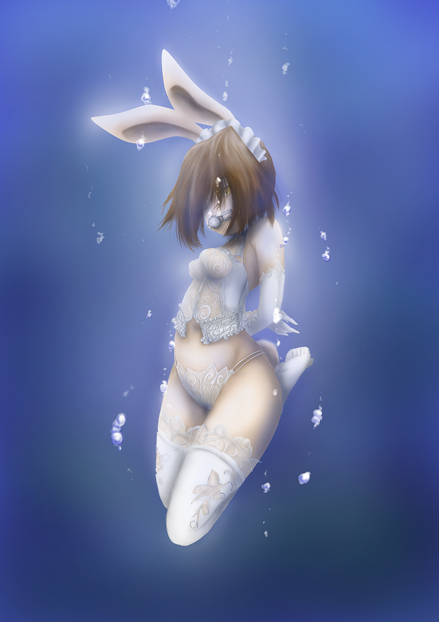 1girl animal_ears arms_behind_back artist_request asphyxiation ball_gag bdsm bondage bound bunny_ears drowning gag gagged lingerie peril thighhighs underwater underwear water