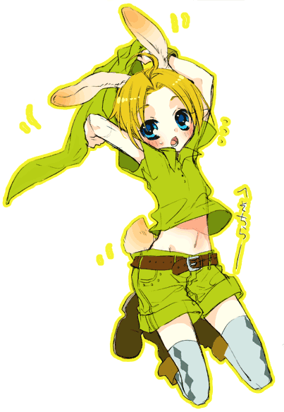 androgynous animal_ears blonde_hair blue_eyes blush bunny_ears bunny_tail hat link male_focus mitsubachi_koucha otoko_no_ko shorts solo tail the_legend_of_zelda thighhighs