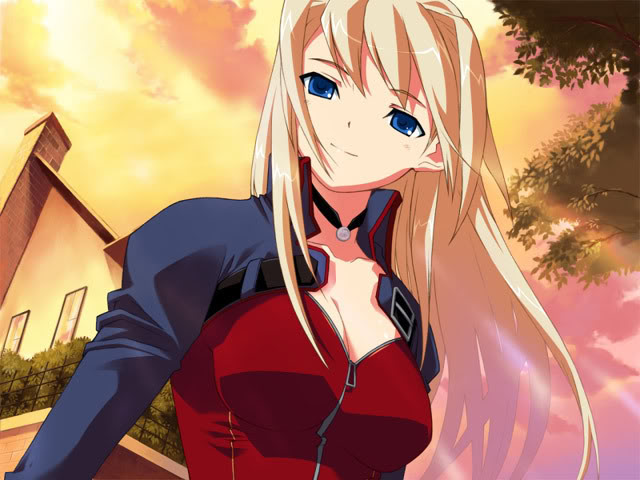 artist_request blonde_hair blue_eyes character_request choker jacket outdoors outside sky smile source_request sunset tree