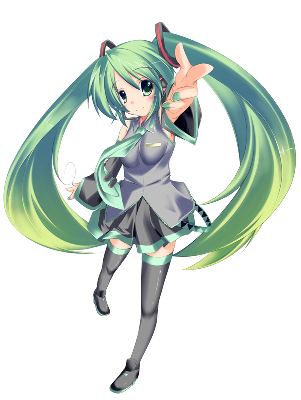 bad_id bad_pixiv_id beckoning detached_sleeves foreshortening green_eyes green_hair hair_ornament hands hatsune_miku headphones long_hair miniskirt necktie pleated_skirt plus9 sidelocks simple_background skirt smile solo standing thighhighs twintails very_long_hair vocaloid zettai_ryouiki