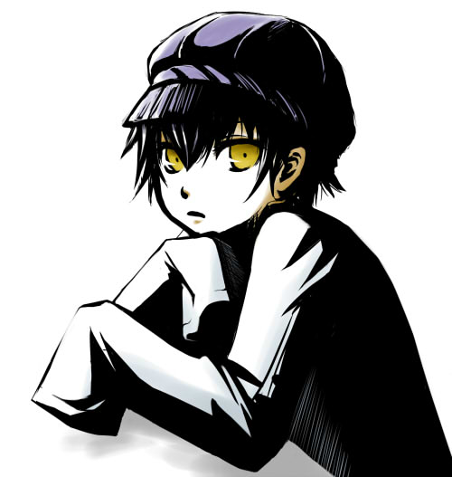 androgynous cabbie_hat chayouko hat labcoat monochrome persona persona_4 reverse_trap shirogane_naoto short_hair solo spot_color yellow_eyes