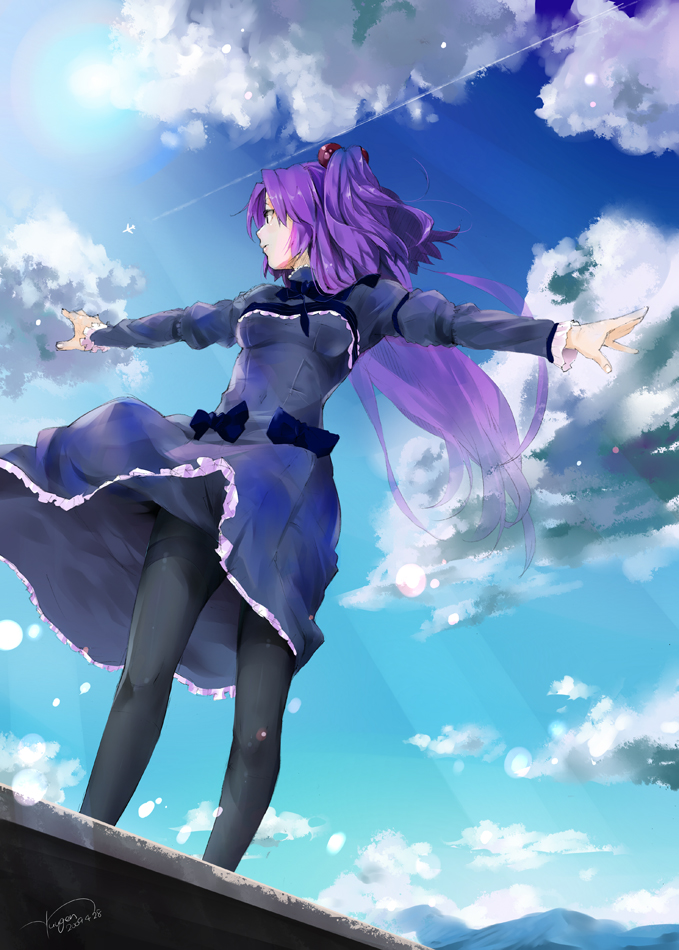 2009 aircraft airplane alternate_costume arms_up bad_id bad_pixiv_id clannad cloud condensation_trail day dress dutch_angle flying from_below hair_bobbles hair_ornament ichinose_kotomi lens_flare light_rays long_hair looking_afar outstretched_arms pantyhose purple_hair signature sky solo sparkle spread_arms sun sunbeam sunlight thighband_pantyhose two_side_up wind wind_lift yuugen