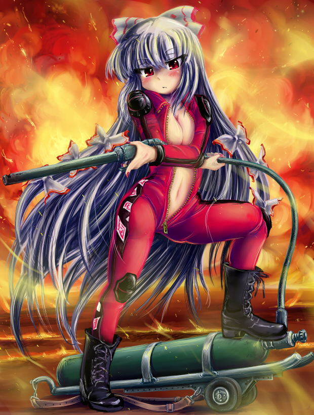 bangs biker_clothes bikesuit bodysuit bow breasts cleavage fire flamethrower fujiwara_no_mokou hair_bow hair_ribbon large_breasts long_hair okiraku_nikku red_eyes revealing_clothes ribbon silver_hair solo touhou unzipped weapon