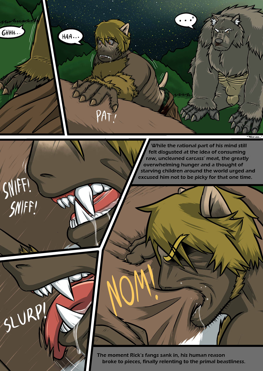 2014 anthro blood canine cervine comic deer dialog english_text fangs fur human lunch male mammal moon muscles raus text transformation were werewolf wolf