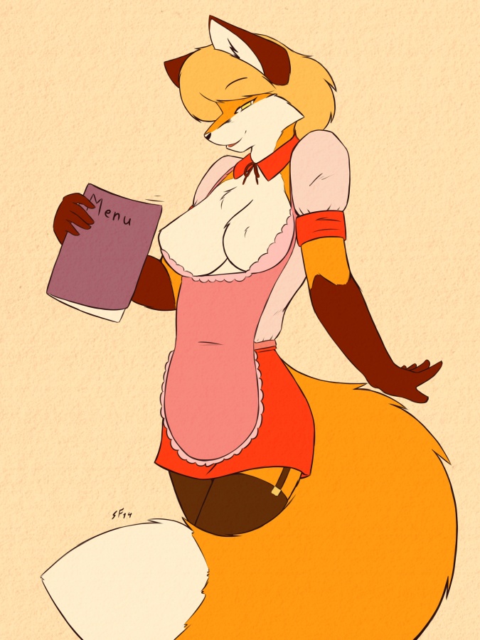 anthro apron blonde_hair breasts canine clothing female fox hair legwear looking_at_viewer mammal nipples pose solo starfighter stockings yellow_eyes