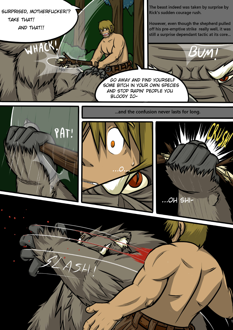 2013 anthro battle blood canine comic dialog english_text fangs fur human male mammal muscles raus text were werewolf