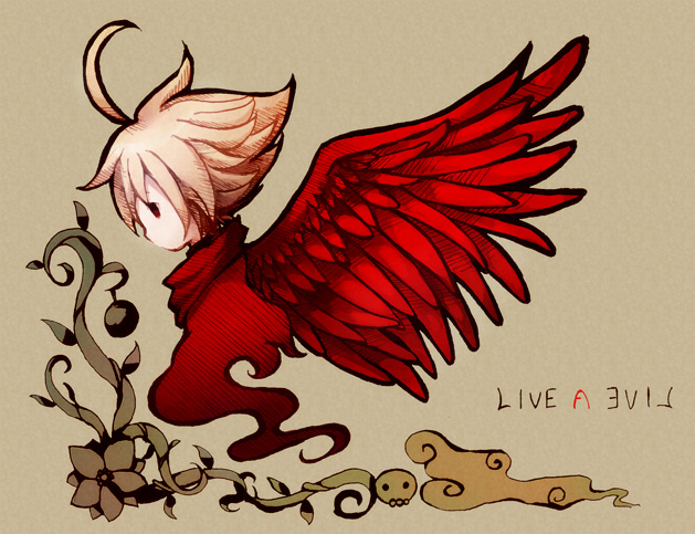 androgynous brown_background cloud commentary copyright_name floating from_side ghost_tail kakuredo_ura live_a_live oersted plant profile red_eyes simple_background skull solo vines white_hair wings