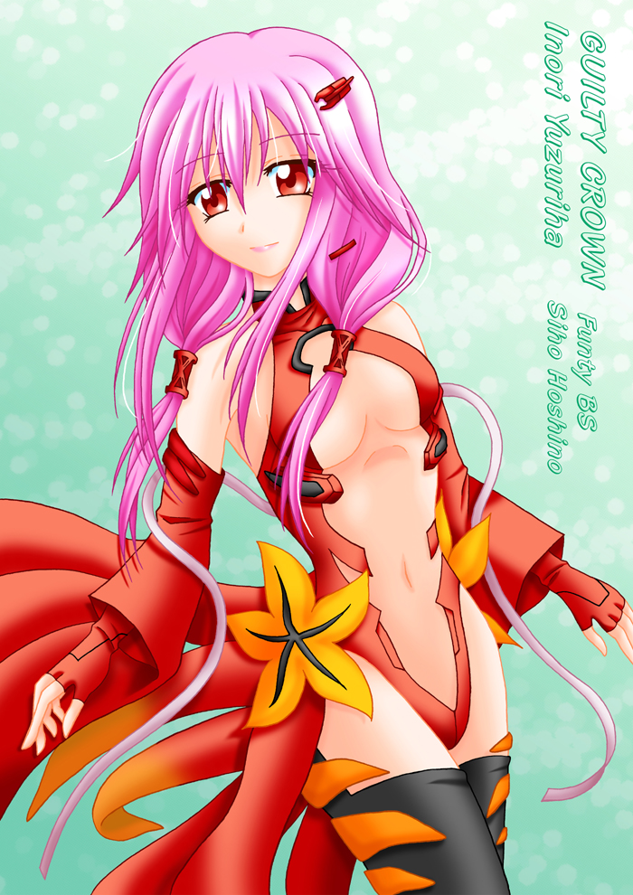 bad_id bad_pixiv_id bare_shoulders black_legwear blush breasts center_opening cleavage detached_sleeves elbow_gloves fingerless_gloves gloves guilty_crown hair_ornament hairclip long_hair navel pink_hair red_eyes smile solo thighhighs twintails yuzuriha_inori