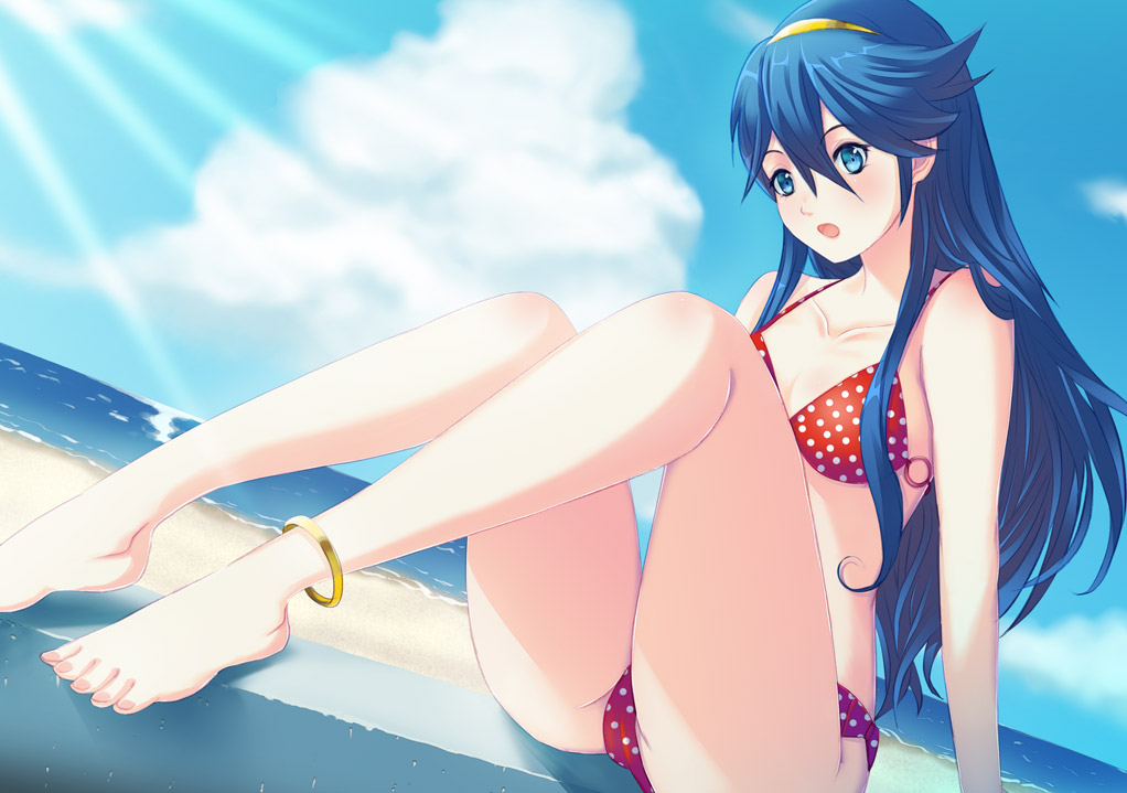 1girl barefoot bikini blue_eyes blue_hair feet fire_emblem fire_emblem:_kakusei long_hair lucina solo swimsuit