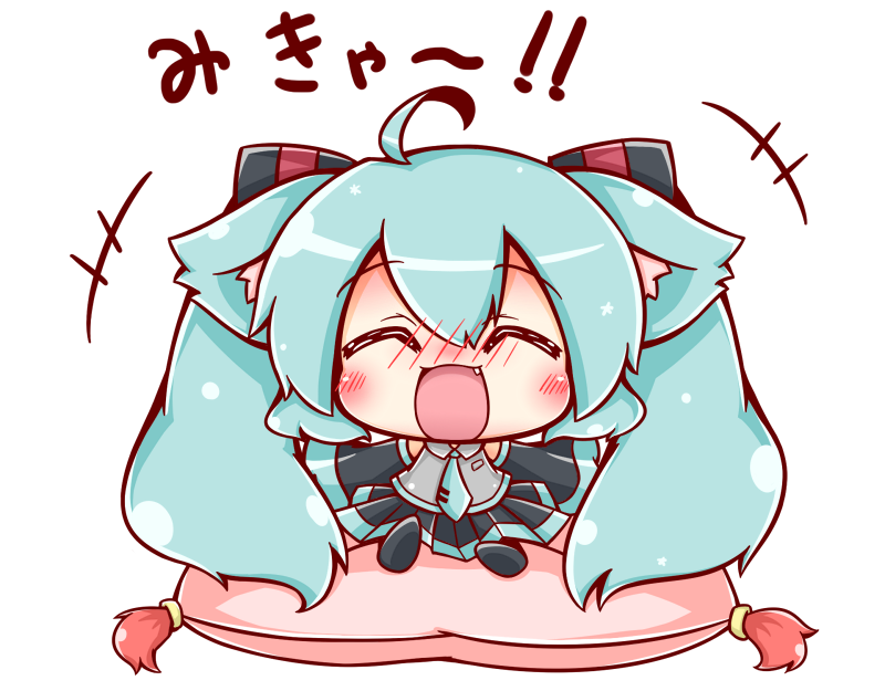 ahoge animal_ears blush cat_ears chibi closed_eyes cushion green_hair hatsune_miku long_hair open_mouth outstretched_arms ritateo sitting smile spread_arms translated twintails vocaloid