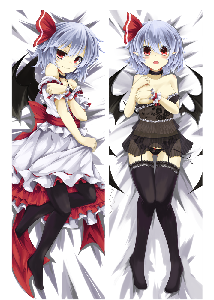 akisome_hatsuka bare_shoulders bat_wings bed_sheet black_legwear black_panties blue_hair blush breast_slip camisole choker covering covering_breasts dakimakura frills garter_belt lingerie looking_at_viewer lying md5_mismatch multiple_views off_shoulder on_back one_breast_out open_mouth panties pointy_ears red_eyes remilia_scarlet sash short_hair skirt skirt_set smile thighhighs touhou underwear wings wrist_cuffs